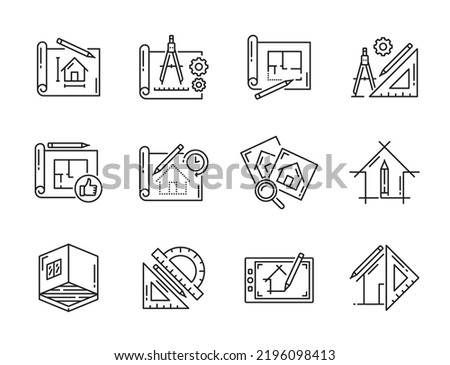 Architect development and interior design icons, vector house plan and ruler. Home construction project or architecture development and interior design linear icons for real estate engineering