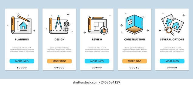 Iconos de desarrollo arquitectónico, renovación e interior, Plantillas de Vector de las pantallas de la incorporación del App móvil. Anuncios de la IU de la aplicación del Web de la construcción y de la arquitectura con el Plan del edificio del contorno, proyecto de la casa