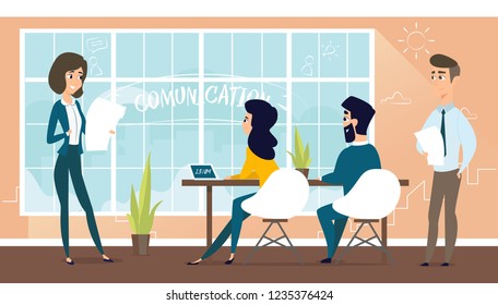 Architect discusses the project with the customer. Banner vector illustration of working cartoon characters in coworking studio. The concept of construction, architecture, design