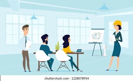 Architect discusses the project with the customer. Vector illustration of working cartoon characters in coworking studio. The concept of construction, architecture, design