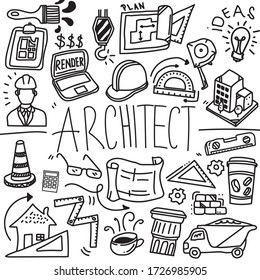 Architect Doodle Profession Line Icon Sketch, Construction Doodle Icon, Hand Made Vector Art, Architect Stuffs business concept