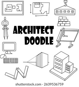 Architect Doodle Vector Illustration Featuring Tools, Building Plans, Drafting Instruments, and Construction Symbols for Design and Engineering Projects