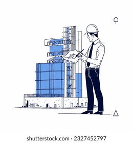 An architect drafting blueprints for an innovative skyscraper, vector illustration