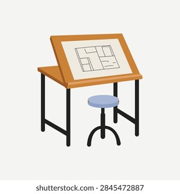 Architect Drafting Table with Blueprint Floor Plan and Stool, Wooden Drawing Desk, Brown Black Blue Palette, Flat Vector Illustration