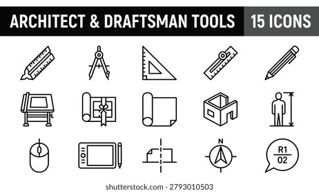 Architect and Draftsman Tools Icons Set: Drafting, Measuring, and Design Instruments