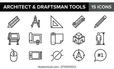 Architect and Draftsman Tools Icons Set: Drafting Table, Compass, Ruler, Pencil, Blueprint