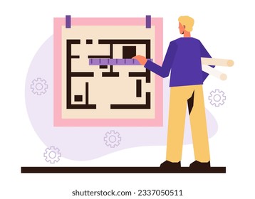 Arquitecto dibuja un plan, toma medidas. Arquitecto trabajando en el proyecto. Diseño y diseño de la casa. Ilustración vectorial plana en color púrpura en estilo de dibujos animados
