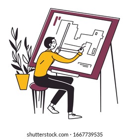 Architect drawing blueprint. Engineer making drat flat vector illustration. Architecture, engineering, construction project concept for banner, website design or landing web page
