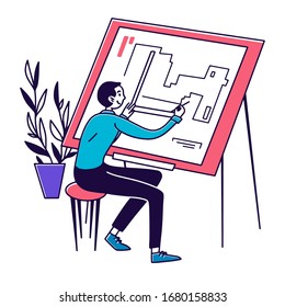 Diseño de dibujo de arquitecto. Ingeniero haciendo drat plano de ilustración vectorial. Arquitectura, ingeniería, concepto de proyecto de construcción para banner, diseño de sitios web o página web de aterrizaje
