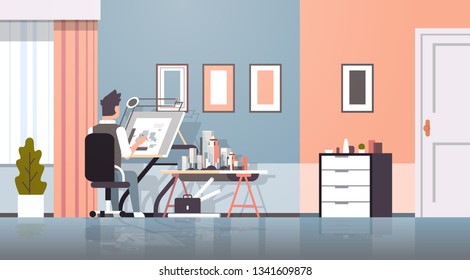 architect drawing blueprint urban building plan on adjustable board panning project concept engineer sitting workplace office draftsman studio interior horizontal full length