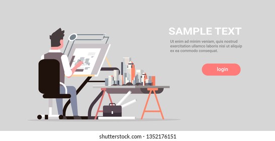 architect drawing blueprint urban building plan on adjustable board panning project concept engineer sitting workplace office workshop draftsman studio horizontal full length copy space