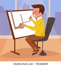 Architect. Drawing board. Vector. Cartoon. Isolated art on white background. Flat.