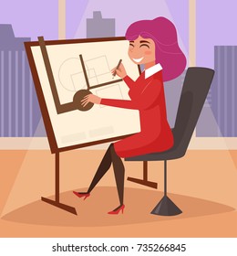 Architect. Drawing board. Vector. Cartoon. Isolated art on white background. Flat