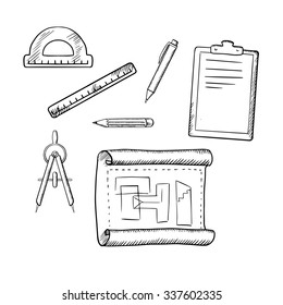 Architect Drawing, Compasses, Pencil, Pen, Ruler, Half Circle Protractor And Clipboard Sketch Icons