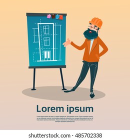Architect With Drawing House Project Building Flat Vector Illustration