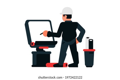 Architect drawing the project. Working on the drawing of the building. Vector illustration isolated on white background