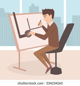 Architect draws. Office with panoramic windows. Vector isolated illustration. Cartoon character