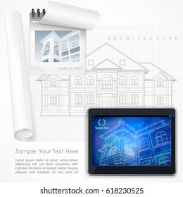 Architect drew plan of building facade with terrace and made calculations, cottage drawing detailed specification at tablet. Vector illustration.