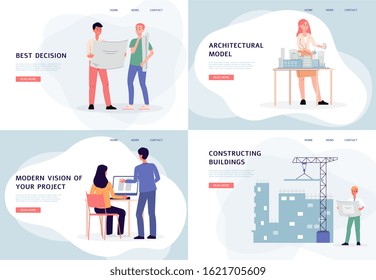 Architect and engineer banner set with cartoon people discussing architectural project plans and showing building models. Flat vector illustration.
