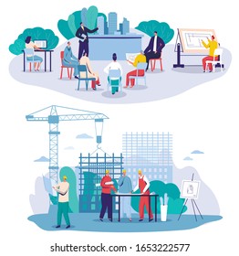 Architect engineer building construction project development vector illustration. Process of building from blueprint to construction, teamwork cooperation concept, business idea, architecture project