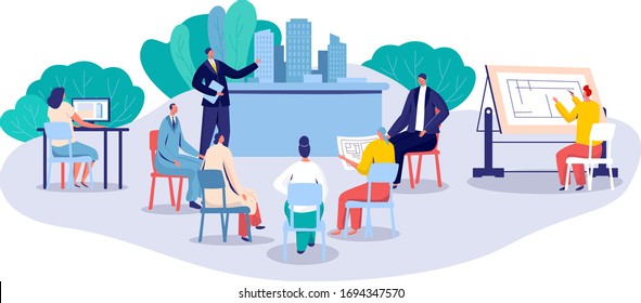 Architect engineer building construction project development vector illustration. Process of building from blueprint to construction, teamwork cooperation concept, business idea, architecture project