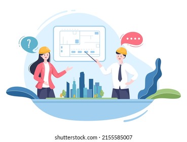 Architect or Engineer Cartoon Illustration using a Multipurpose Board Table to Sketch Building Constructions and Project Miniatures Concept