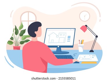 Architect or Engineer Cartoon Illustration using a Multipurpose Board Table to Sketch Building Constructions and Project Miniatures Concept