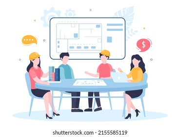 Architect or Engineer Cartoon Illustration using a Multipurpose Board Table to Sketch Building Constructions and Project Miniatures Concept