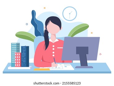 Architect or Engineer Cartoon Illustration using a Multipurpose Board Table to Sketch Building Constructions and Project Miniatures Concept