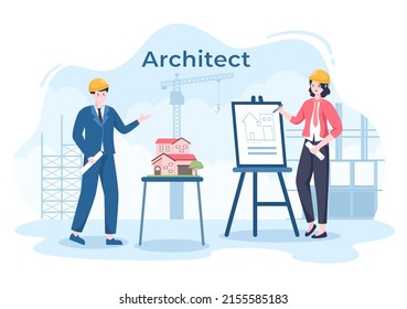 Architect or Engineer Cartoon Illustration using a Multipurpose Board Table to Sketch Building Constructions and Project Miniatures Concept