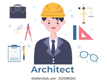 Architect or Engineer Cartoon Illustration using a Multipurpose Board Table to Sketch Building Constructions and Project Miniatures Concept