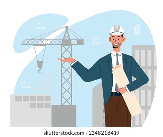 Concepto de ingeniero arquitecto. Hombre con el plan en casco contra el fondo de la grúa. Afiche o cartel para el sitio web. Arquitectura urbana y construcción, profesional. Dibujo vectorial plano de dibujos animados