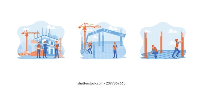 Concepto de arquitecto e ingeniero. Equipo de construcción que trabaja en el proyecto de construcción. Inspeccionar y trabajar en los sitios de construcción de estructuras al aire libre. establecer tendencia moderna vector de ilustración plana