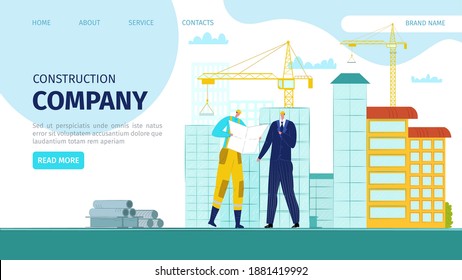 Architect engineer at construction, professional worker builder vector illustration. Business work at industrial building, man person in architecture job. Engineering project development.
