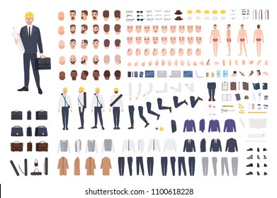 Architect or engineer constructor or DIY kit. Collection of male cartoon character body parts, facial expressions, gestures, clothes, working tools isolated on white background. Vector illustration.