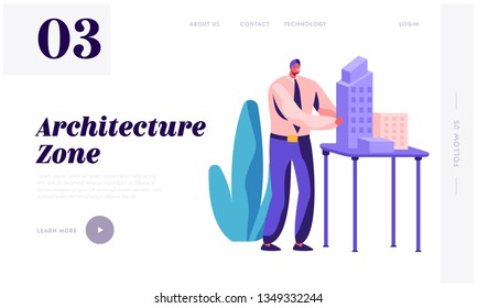 Architect Engineer Create Building Project in Office Landing Page. Builder Man Working on House Construction. Employee Engineering Home Design Website or Web Page. Flat Cartoon Vector Illustration