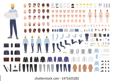 Architect or engineer DIY kit. Collection of male cartoon character body parts, facial expressions, gestures, clothes, working tools isolated on white background. Colorful flat vector illustration.