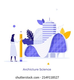 Architect Or Engineer Holding Pencil Looking At Buildings. Concept Of Study Of Contemporary Architecture, City Development And Urban Construction. Modern Flat Vector Illustration For Banner, Poster.