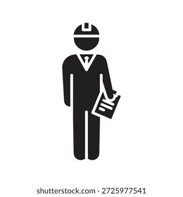 Icono de ingeniero de arquitecto casco de seguridad de pie que sostiene el Plan del plano para el proyecto de diseño de construcción y el desarrollo industrial del edificio