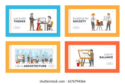 Conjunto de plantillas de página de inicio de ocupación de arquitectos e ingenieros. Diseñadores Personaje Crear Proyecto para Construcción de Edificios e Ingeniería en Diseño de Diseño y Computación. Ilustración de vectores de personas lineales