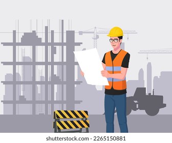 Architect or Engineer on Job Site Holding Construction Plan, Man on Construction Site Illustration.