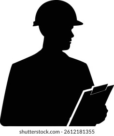 Architect Or Engineer Silhouette With Hardhat Holding Clipboard Inspecting Construction Project For Planning And Reporting