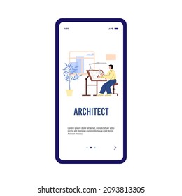 Architect or engineer sits by the table and draws blueprint, app user interface template flat vector illustration. Web banner with concept of architectural work and building construction process.