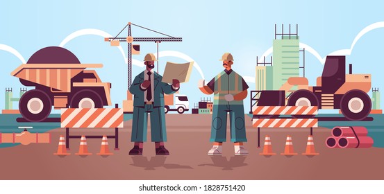 architect and engineer in uniform discussing project during meeting construction of buildings concept mix race builders working on construction site full length horizontal vector illustration