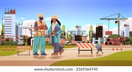 architect and engineer in uniform discussing project during meeting construction of buildings concept builders working on construction site full length horizontal