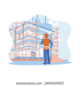 Architect engineer working on construction site. Architects wear safety helmets and communicate using handy talkies. Architect and engineer construction concept. Trend Modern vector flat illustration