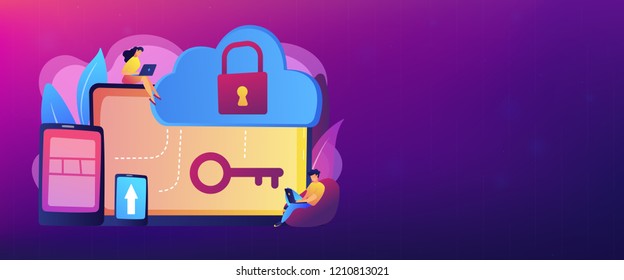 Architect and engineer working on technologies and controls to protect data and applications. Cloud computing and cloud information security concept. Header or footer banner template with copy space.