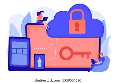 Architect and engineer working on technologies and controls to protect data and applications. Cloud computing and cloud information security concept. Pinkish coral bluevector isolated illustration