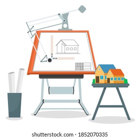 Architect engineer workplace with culman with a drawing of a building and a family house model, miniature sample of one-story residential building standing on a low table flat vector illustration