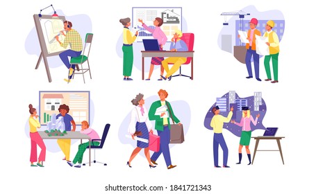 Architect and engineers at work, peoples set of isolated vector illustrations. Worker engineering construction plan. Engineer Group building project on board. Man and woman drawing architecture.